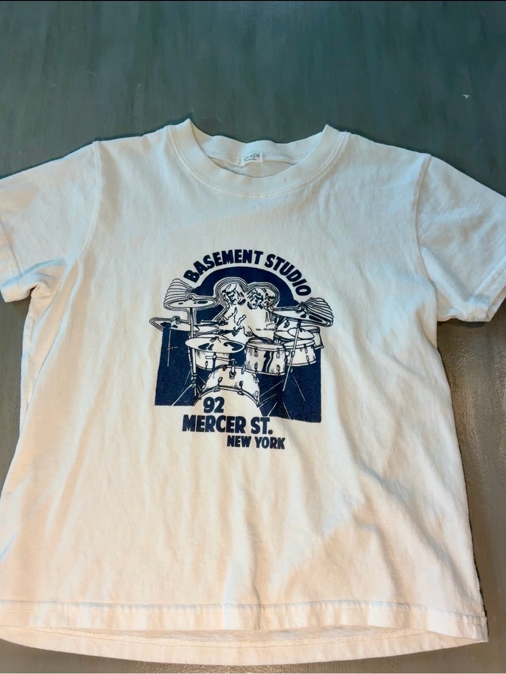 Brandy Melville White Tee with Navy Drum Graphic